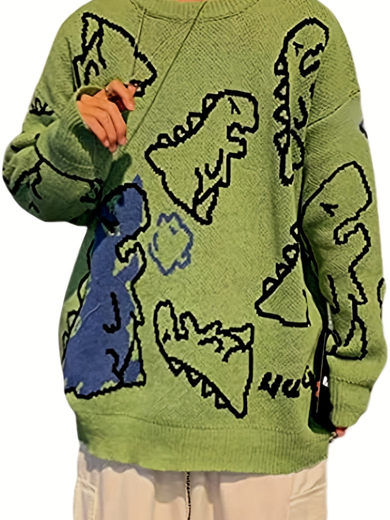 kkboxly  Dinosaur Print Plus Size Men's Casual Sweater Bottoming Wear For Spring /Autumn/winter