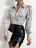Floral Print Button Front Blouse, Casual Shirred Lantern Sleeve Blouse For Spring & Fall, Women's Clothing