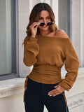 kkboxly  Solid Boat Neck Rib Knit T-shirt, Casual Drawstring Side Long Sleeve Top, Women's Clothing