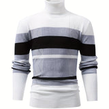kkboxly Fashionable Men's Casual Long Sleeve Striped Turtleneck Sweater,Suitable For Outdoor Sports,For Autumn And Winter,Can Be Paired With Hip-hop Necklace,As Gifts