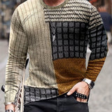 kkboxly Color Block Men's Long Sleeve Vintage Novelty T-shirt, Stylish Tees For Autumn, Mens Clothing