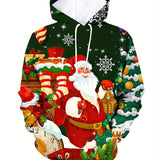 kkboxly  Christmas Elk& Santa Print Hoodie, Cool Hoodies For Men, Men's Casual Graphic Design Pullover Hooded Sweatshirt With Kangaroo Pocket Streetwear For Winter Fall, As Gifts