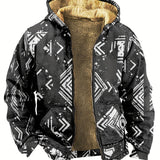 Printed Warm Fleece Coat, Men's Casual Hooded Warm Thick Jacket For Fall Winter