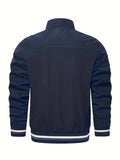 kkboxly  Plus Size Men's Trendy Casual Zipper Stand Collar Pocket Jacket, Solid Color Long Sleeve Stripe Pattern On The Bottom Coat Loose Oversized