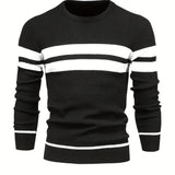 kkboxly  All Match Knitted Striped Pattern Sweater, Men's Casual Warm Slightly Stretch Crew Neck Pullover Sweater For Men Fall Winter
