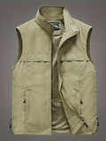 kkboxly  Men's Trendy Solid Vest, Casual Zip Up Loose Sleeveless Jacket For Outdoor Fishing Hiking Trekking