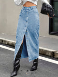 kkboxly  Single Breasted Button Split Denim Midi Skirt, Slant Pockets Non-Stretch Denim Skirt, Women's Denim Clothing