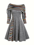 Ethnic Print Drawstring Aline Dress, Vintage Off Shoulder Button Decor Dress For Spring & Fall, Women's Clothing