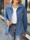 kkboxly  Plus Size Casual Coat, Women's Plus Solid Corduroy Button Up Long Sleeve Lapel Collar Overcoat With Pockets