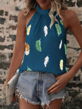 kkboxly   Feather Print Halter Neck Blouse, Elegant Sleeveless Blouse For Summer, Women's Clothing