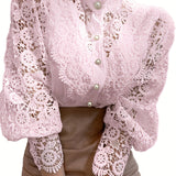 kkboxly  Women's Blouse Lace Puff Sleeve Lantern Sleeve Solid Pleated Women Blouse