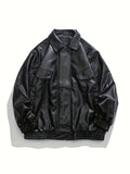 kkboxly  Men's Solid PU Jacket, Cool Personalized Cargo Jacket With Pockets For Autumn/winter, Men's Clothing, Plus Size