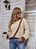 kkboxly  Color Block Crew Neck Button Pullover Sweater, Casual Button Decor Long Sleeve Loose Sweater, Women's Clothing