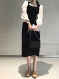 kkboxly  Color Block Lantern Sleeve Panel Dress, Chic Square Neck Split Hem Dress, Women's Clothing