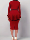 kkboxly Elegant Work Two-piece Set, Long Sleeve Keyhole Tops & Bag Hip Knee Length Skirts Outfits, Women's Clothing