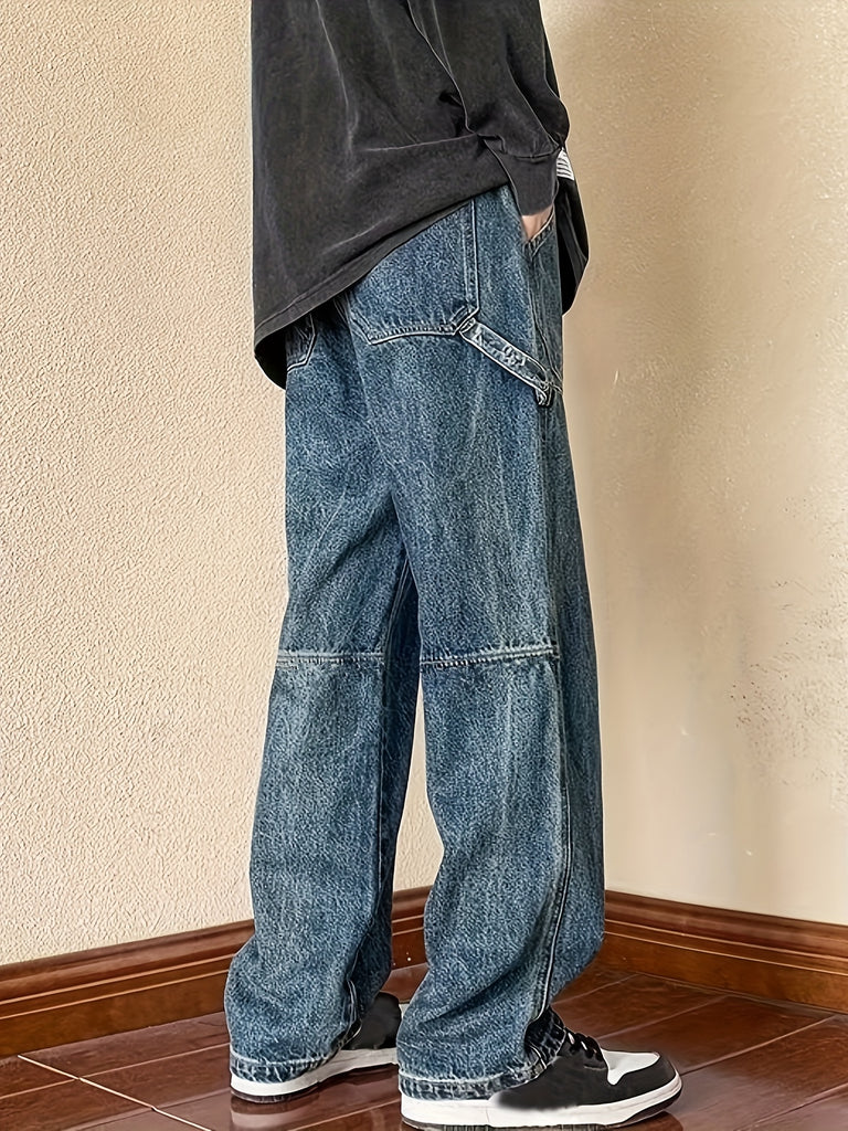kkboxly  Wide Leg Cotton Jeans, Men's Casual Street Style Patchwork Denim Pants For Spring Summer