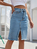 Blue Raw Hem Denim Skirt, Mid-Stretch Slant Pockets Split Denim Skirt, Women's Denim Clothing