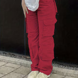 kkboxly  Plain High Rise Cargo Denim Pants, Loose Solid Color Retro Cargo Jeans, Street Casual Style, Women's Denim Jeans & Clothing