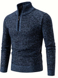 kkboxly  Men's Trendy Solid Knitted Pullover, Casual Slightly Stretch Breathable Turtle Neck Zip Up Long Sleeve Top For Outdoor Fall Winter