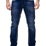 kkboxly  Classic Design Slim Fit Jeans, Men's Casual Street Style Solid Color Mid Stretch Denim Pants For Spring Summer