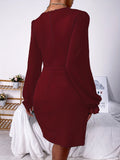 Solid Split Mini Dress, Casual V Neck Long Sleeve Bodycon Dress, Women's Clothing
