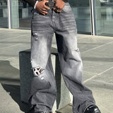 kkboxly  Men's Casual Ripped Jeans, Chic Street Style Loose Fit Denim Pants