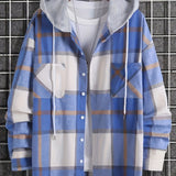 kkboxly  Men's Casual Plaid Hooded Jacket, Long Sleeve Button Down Comfy Shirt For Men's Autumn & Winter Outdoor Activities