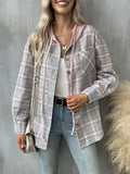 Hooded Plaid Print Blouse, Casual Button Front Drawstring Long Sleeve Blouse, Women's Clothing