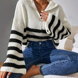 kkboxly  Striped Pattern Half Zip Pullover Sweater, Casual Bell Sleeve Sweater For Fall & Winter, Women's Clothing