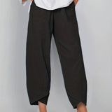 kkboxly  Minimalist Slant Pockets Cropped Pants, Casual Elastic Waist Pants For Spring & Summer, Women's Clothing