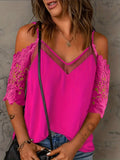 kkboxly   Lace Sleeve Cold Shoulder Blouse, Casual Spaghetti Solid V Neck Blouse, Women's Clothing