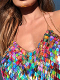 kkboxly  Colorful Sequined Halter Neck Top, Sexy Backless Hanky Hem Crop Club Top, Women's Clothing