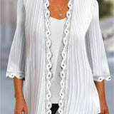 kkboxly  Plus Size Elegant Coat, Women's Plus Solid Ribbed Contrast Lace Three Quarter Sleeve Cardigan Outwear