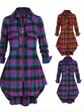 kkboxly  Plus Size Zip Up Plaid Pattern Long Sleeve Longline Shirt, Women's Plus Lapel Collar Casual Longline Blouse