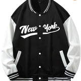 kkboxly  Men's "NEW YORK" Print Fleece Lightweight Varsity Jackets, Trendy Color Block Baseball Jacket, Thermal Outerwear Men's Clothes Fall Winter