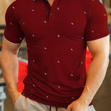 kkboxly  Dot Pattern Stripe Collar Casual Slightly Stretch Button Up Short Sleeve Polo Shirt, Men's POLO For Summer