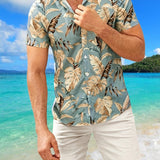 kkboxly  Tropical Leaf Retro Hawaiian Shirt, Men's Casual Button Up Short Sleeve Shirt For Summer Vacation Resort