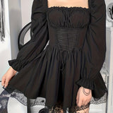 kkboxly  Lace Up Square Neck Flared Dress, Gothic Lolita Ruffle Trim Lantern Dress, Women's Clothing