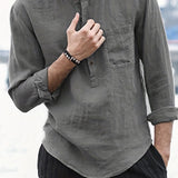 kkboxly  Cotton Linen Tops, Men's Plus Size Loose Casual Streetwear With Pocket, Simple All-match Solid O-Neck Long Sleeve Shirts