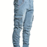 Men's Solid Color Multi-pocket Skinny Jeans For Autumn And Winter