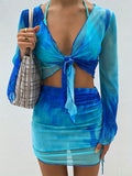 kkboxly Tie Dye Sexy Two-piece Set, Knotted Flared Sleeve Tops & Ruched Drawstring Skirts Outfits, Women's Clothing