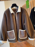 kkboxly  Contrast Trim Patched Pockets Outwear, Versatile Long Sleeve Button Front Coat For Fall & Winter, Women's Clothing