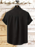 kkboxly  Casual Linen Men's Stand Collar Short Sleeve Shirt With Chest Pocket, Solid Color Men's Shirt For Summer Outdoor, Gift For Men