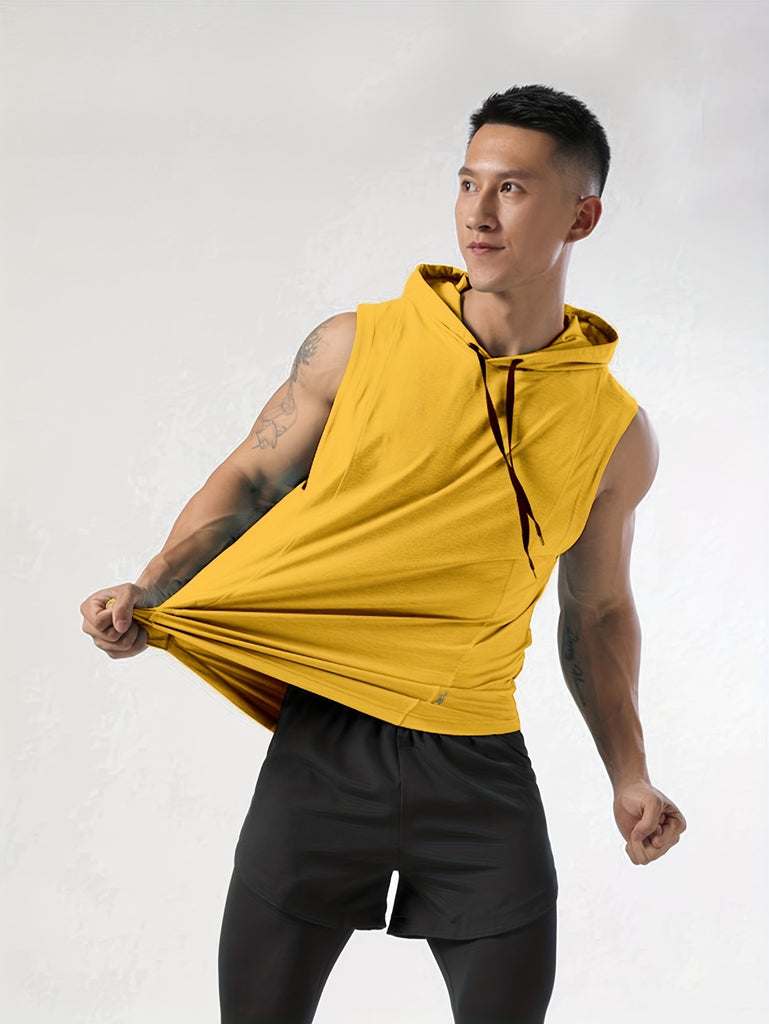 kkboxly  Men's Sleeveless Drawstring Hooded Vest With Reflective Patterns  Activewear Tank Top For Gym Workout