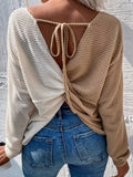 kkboxly Color Block Twist Back Top, Versatile V-neck Top For Spring & Fall, Women's Clothing