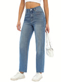 kkboxly  Loose Fit Washed Straight Jeans, Slant Pockets Non-Stretch Denim Pants, Women's Denim Jeans & Clothing