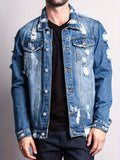 kkboxly  Men's Casual Ripped Denim Jacket, Street Style Button Up Flap Pocket Jacket