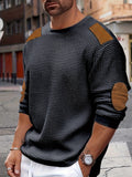 kkboxly  Casual Color Block Men's Long Sleeve Knitted Round Neck T-shirt With Elbow Design, Spring Fall Outdoor