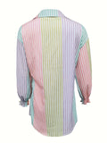 kkboxly   Colorful Striped Print Shirt, Elegant Button Front Collar Random Printing Shirt, Women's Clothing
