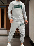 kkboxly  BROOKLYN Print, Men's 2Pcs Outfits, Casual Crew Neck Long Sleeve Pullover Sweatshirt And Drawstring Sweatpants Joggers Set For Spring Fall, Men's Clothing